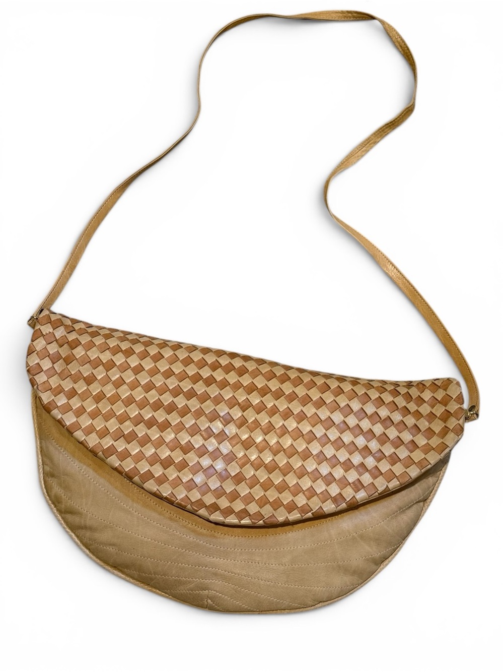 Vintage Italy De Fanfani Genuine Beige Soft Leather Latticework Shoulder Bag